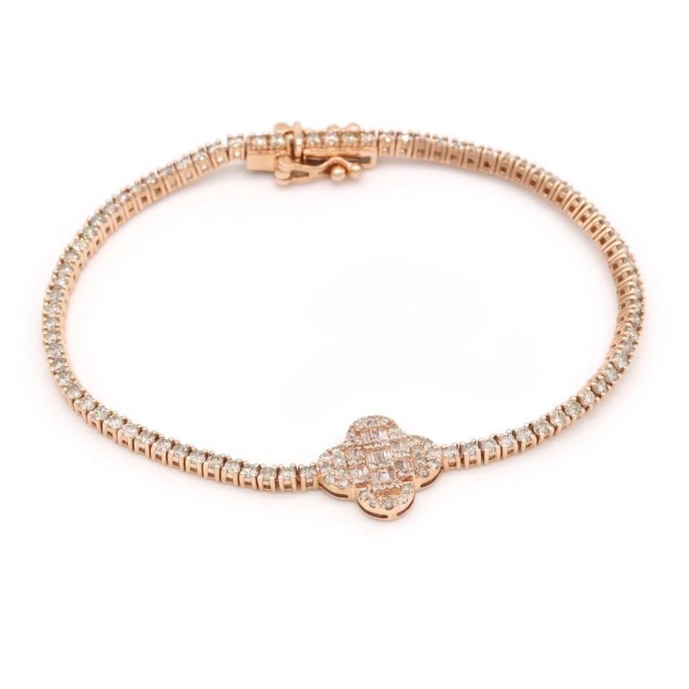 3.82ct Natural Diamond Clover Tennis Bracelet Baguette & Round in Solid 14k Gold